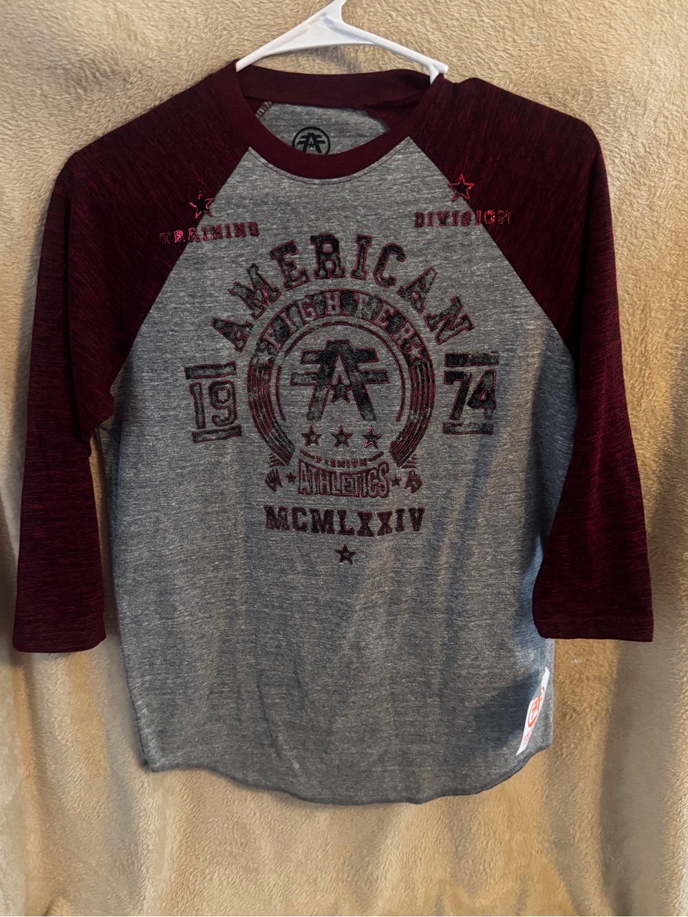 NWT American Fighter Gray Body with Burgundy Raglan Sleeves Long Sleeve Tee